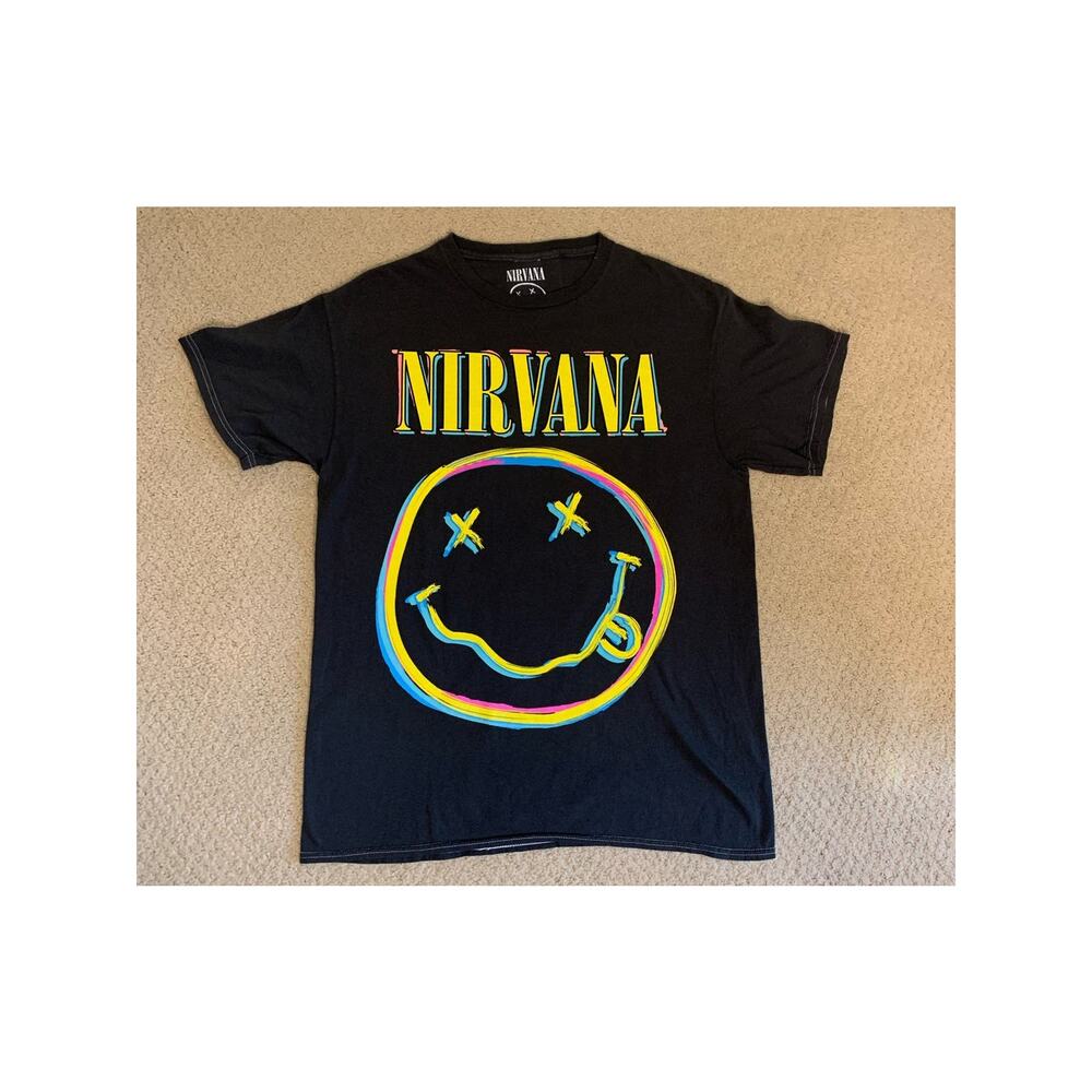 NWOT Nirvana Rainbow Smiley Black Tee